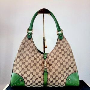 Gucci Authentic Green and Brown Large Jackie O Bardot GG Monogram Bag